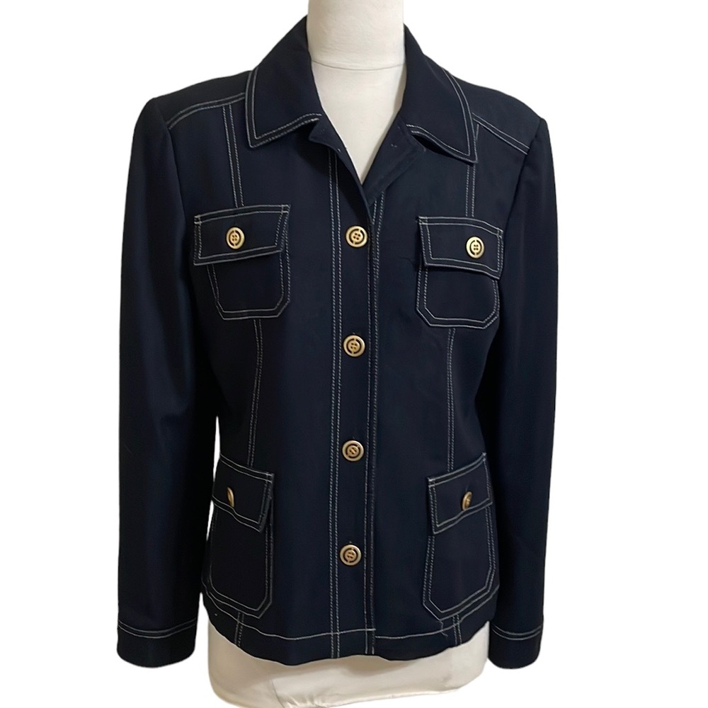 VINTAGE CASUAL CORNER Dark Blue Blazer Denim Look Top Stitch Gold Button Size 10